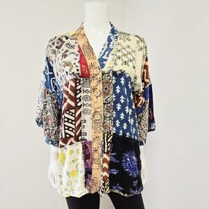 Sacred Threads Small Shirt Womens Patchwork Button Front Jacket Hippie Boho Boxy